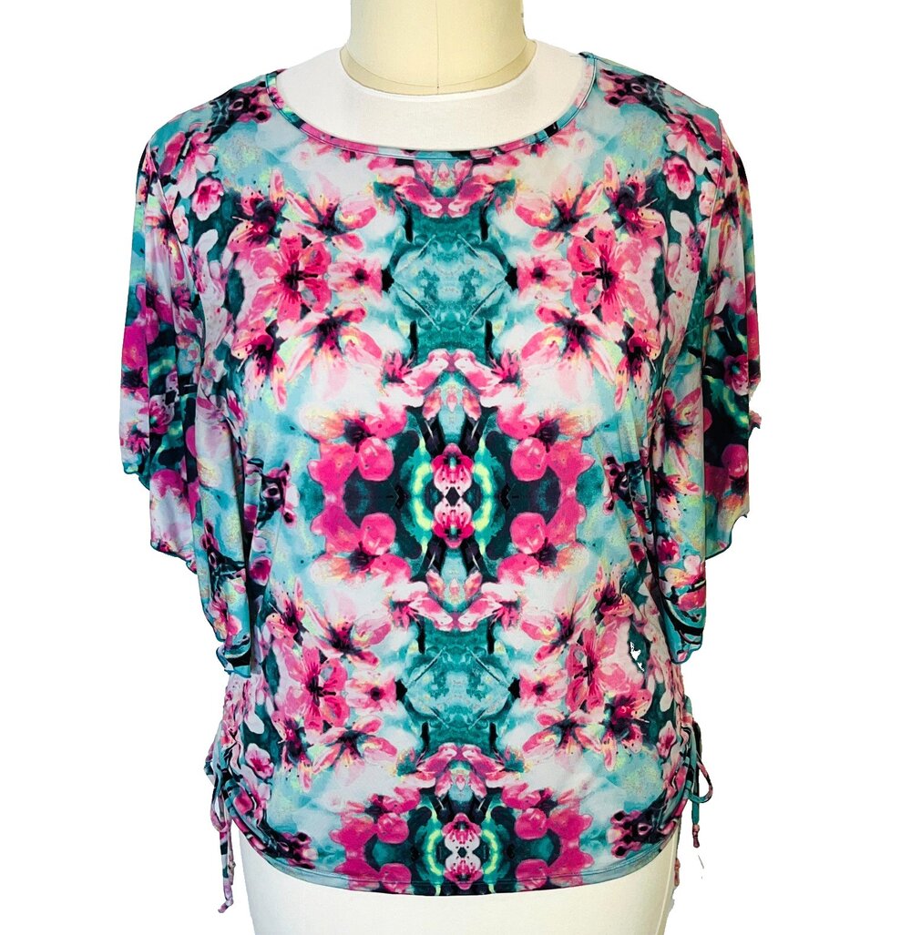 Style & Co Blouse Women's XL-2X Pink Mint Green Kaleido Print Butterfly Sleeve